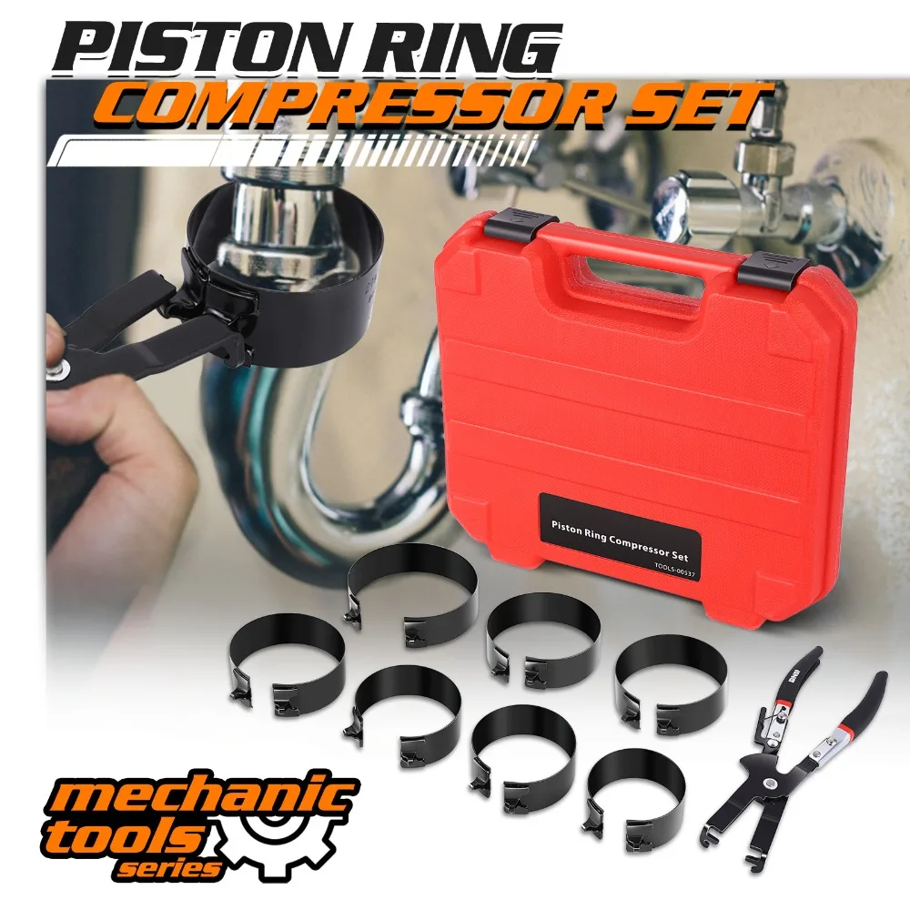 

9 Piece Portable Ratcheting Piston Ring Compressor Tools Set Red w/Carrying Case