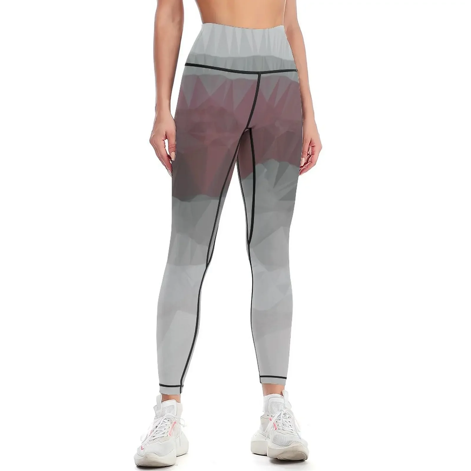 Leggings con diseño de paisaje de montaña de granate, estilo geométrico triangular de polímero de bajo polímero, para gimnasio, para fitness, para mujer