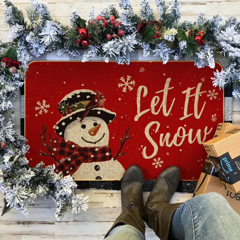 VIKAMA Winter Snowman Welcome Doormat Vintage Plaid Scarf Pattern Non Slip Rug For Front Door Balcony Indoor Xmas Home Decor