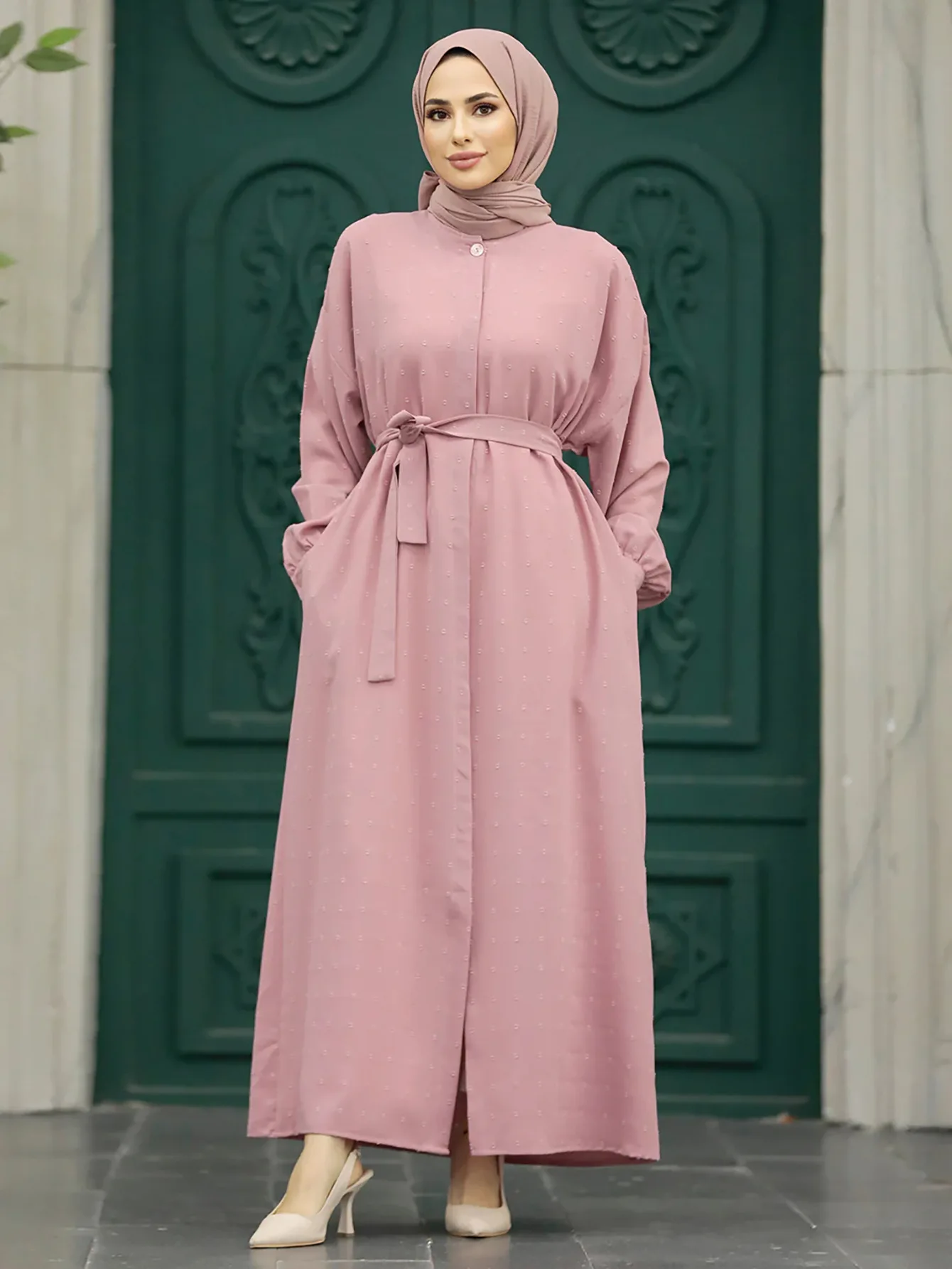 

Jacquard Weave Floral Muslim Abaya Dress for Women Eid Morocco Ramadan Lace-up Vestidos Largo Kaftan Islam Dubai Arab Long Robe