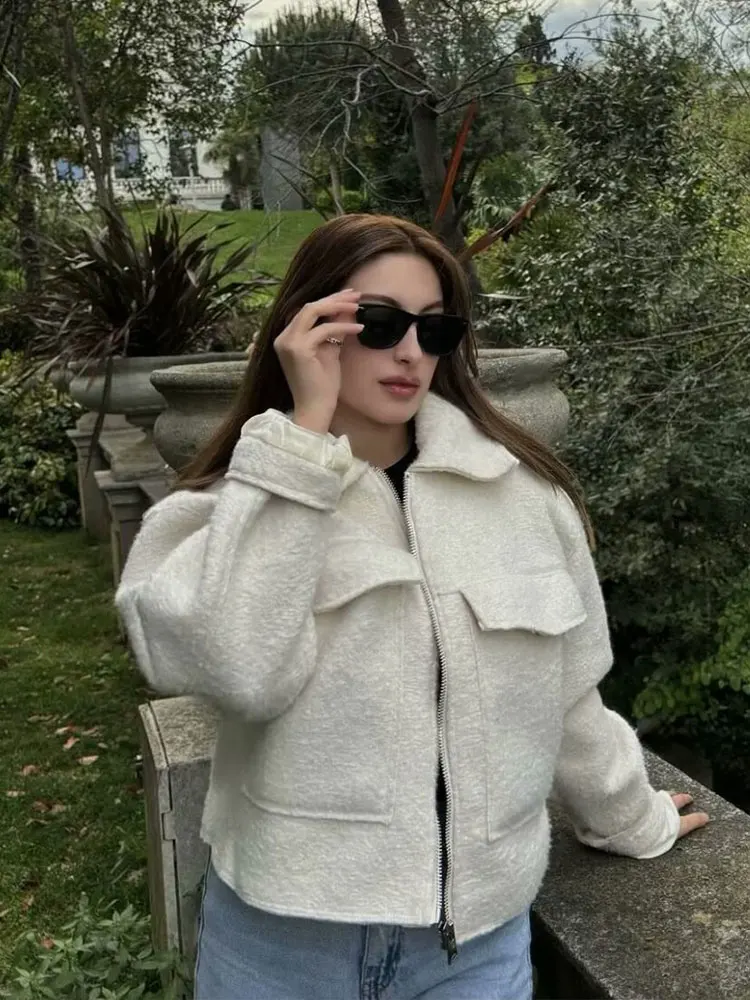 Veste solide à manches longues pour femme, Cardigan à revers, poches zippées, vêtements d'extérieur décontractés sauvages, manteau ample de rue, printemps 2024