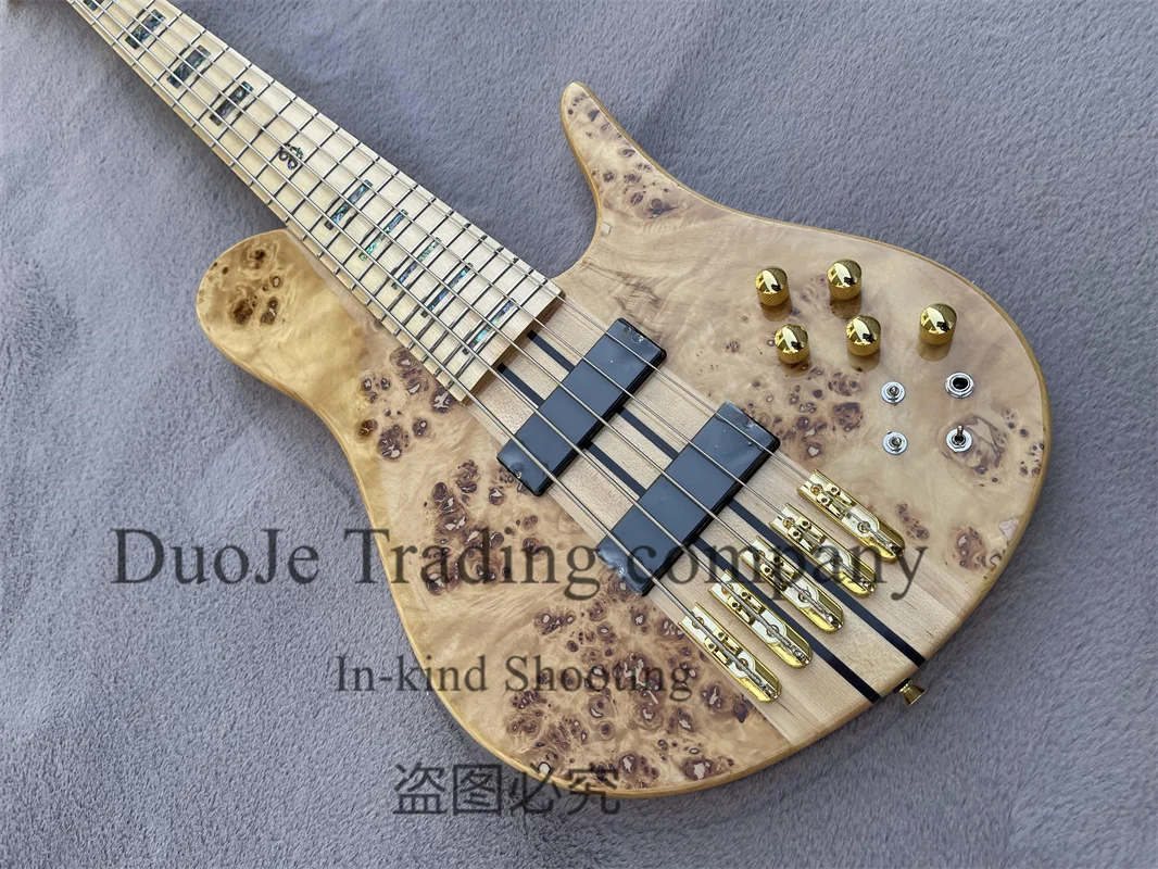 5 String Natural Electric Bass Fode Bass Maple Neck Through Body Brul Maple Top  Abalone Shell Inlay Active passive line