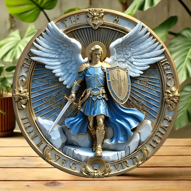 Archangel Michael Guardian Round Wooden Decorative Wall Art Classic Home Cafe Restaurant Garage Wall Ornament 8 Inch