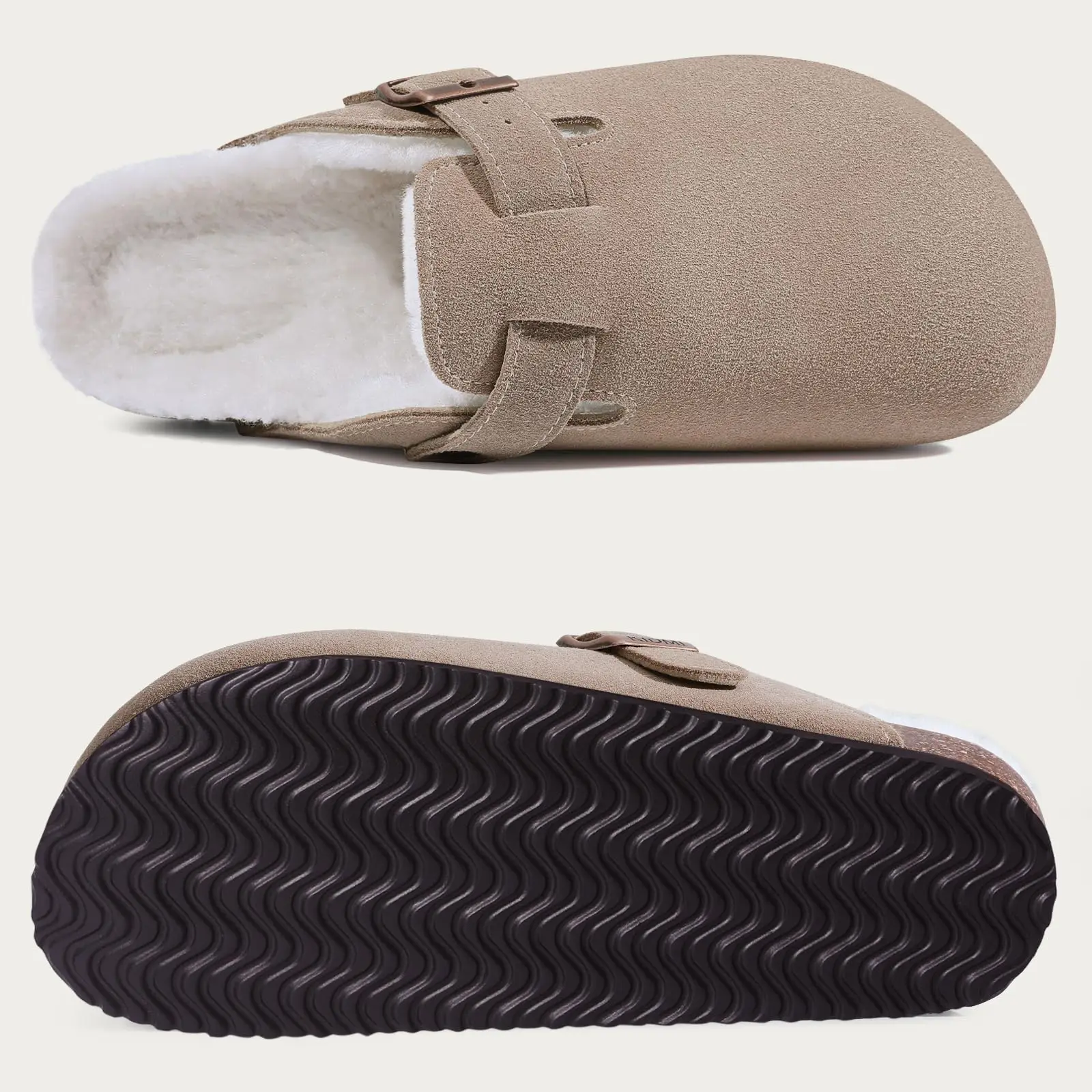 Shevalues Winter Fur Suede Slippers Women Classic Fur Lined Clogs House Fuzzy Cork Slides Indoor Outdoor Cozy Fur Cork Mules Men