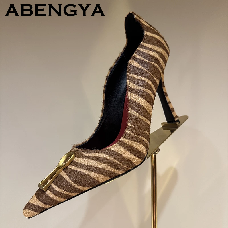 2026 Summer New Striped Pointy Toe High Heels Shoes Women Metal Decor Slip On Leather Stilettos Sexy Party Pumps Shoes Female