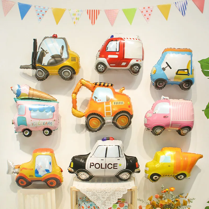 Balões de Filme de Alumínio em Formato de Carro de Desenho Animado para Festa de Aniversário Infantil, Decoração Temática de Carro de Polícia e Caminhão de Bombeiros para Atividades de Jardim de Infância