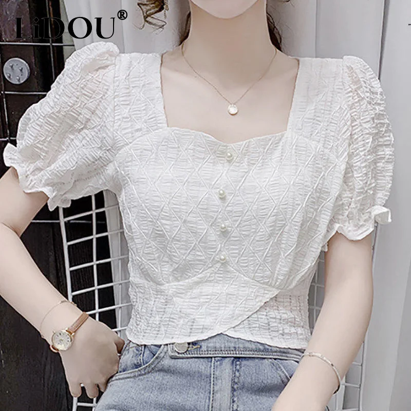 Summer New Elegant Fashion Square Collar Beading Irregular Chiffon Shirt Top Women Waist Ruffles Puff Short Sleeve Casual Blouse