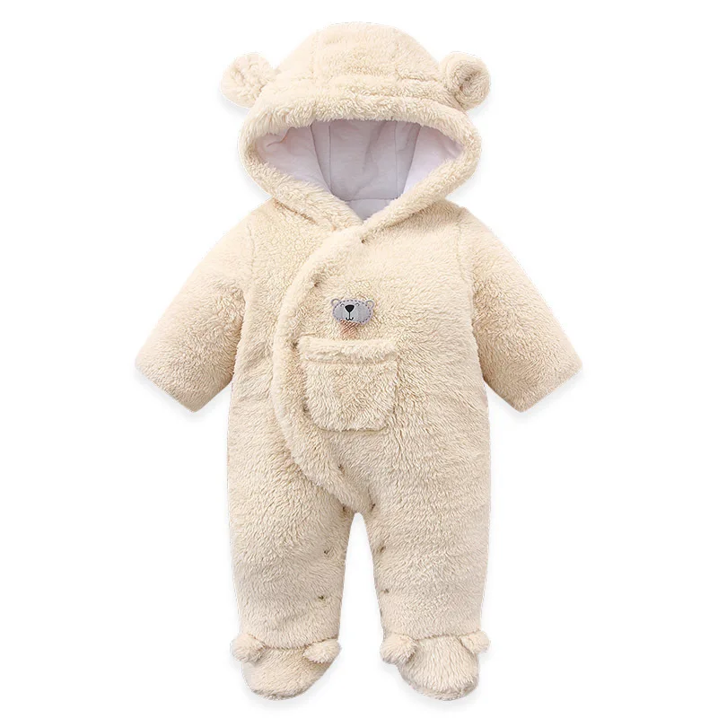 Winter Baby Romper for Girls Boys Soft Fleece Hooded Jumpsuit Cartoon Bear Toddler Loungewear Thicken Infant Outfit