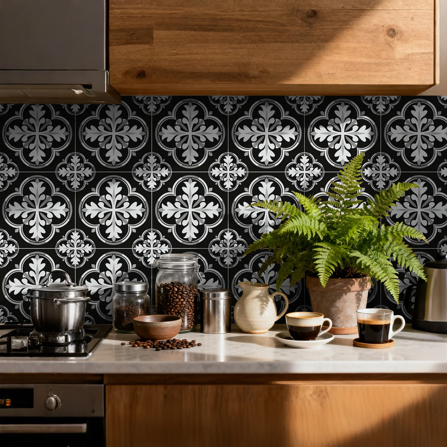 

Black and white retro floral self-adhesive matte wall sticker, suitable for kitchen and bathroom flooring