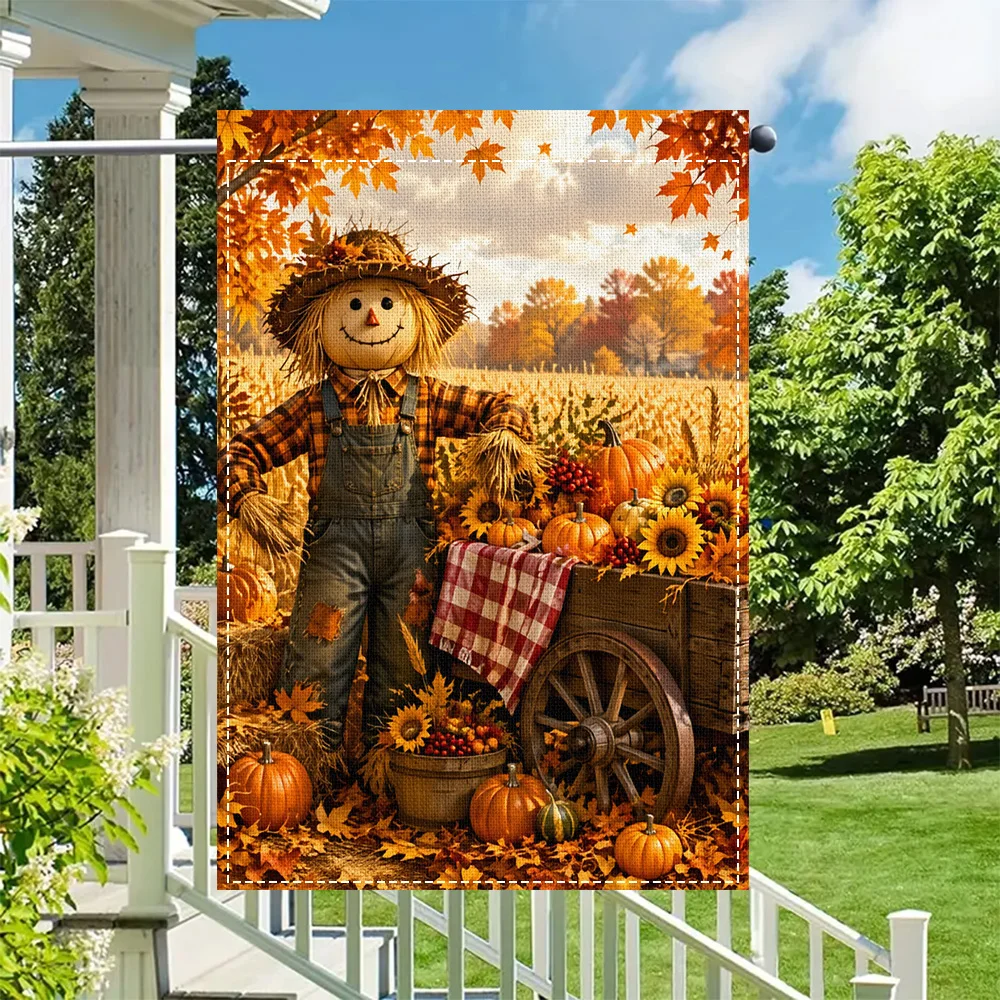 1PC fall scarecrow and pumpkin garden flag, double sided print, perfect for patio and outdoor fall decor (pole not included)