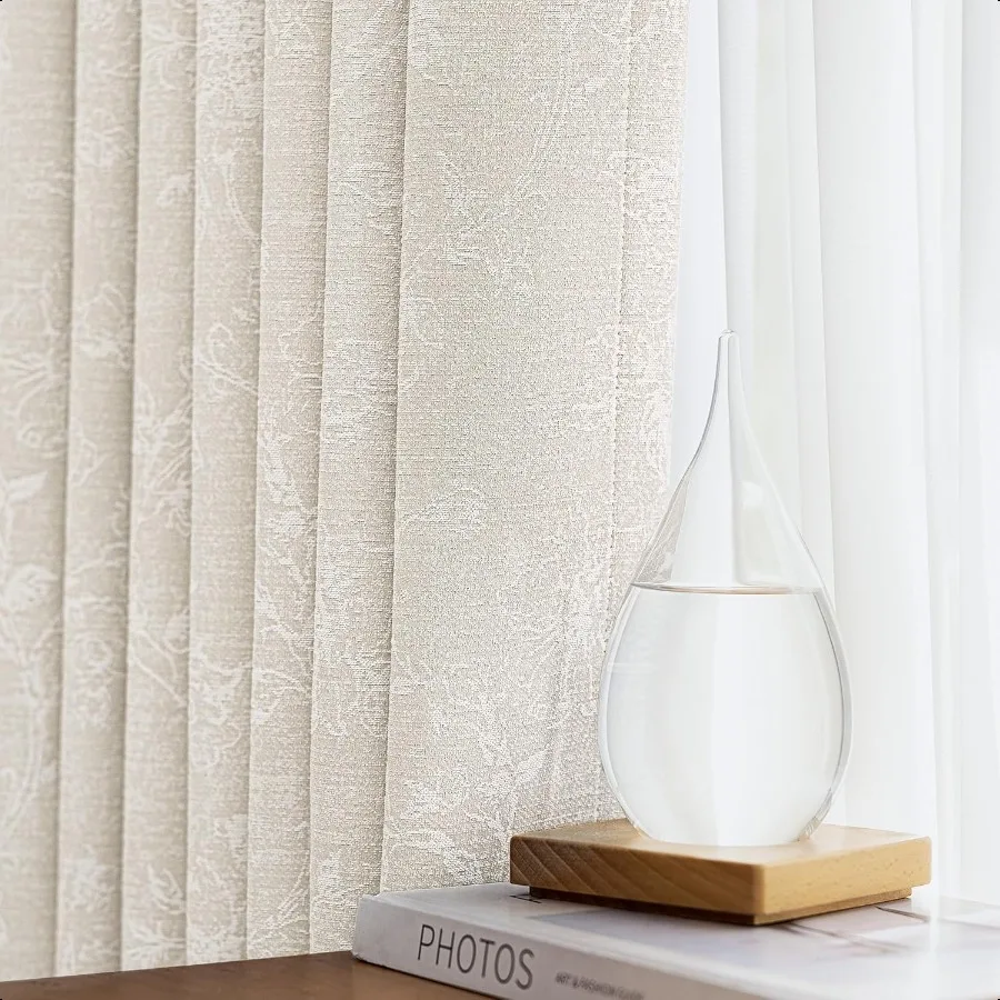 

Beige Floral Jacquard Blackout Curtains 84 Inches Long for Bedroom Flower Chenille Rustic Farmhouse Curtains Living Room Darken