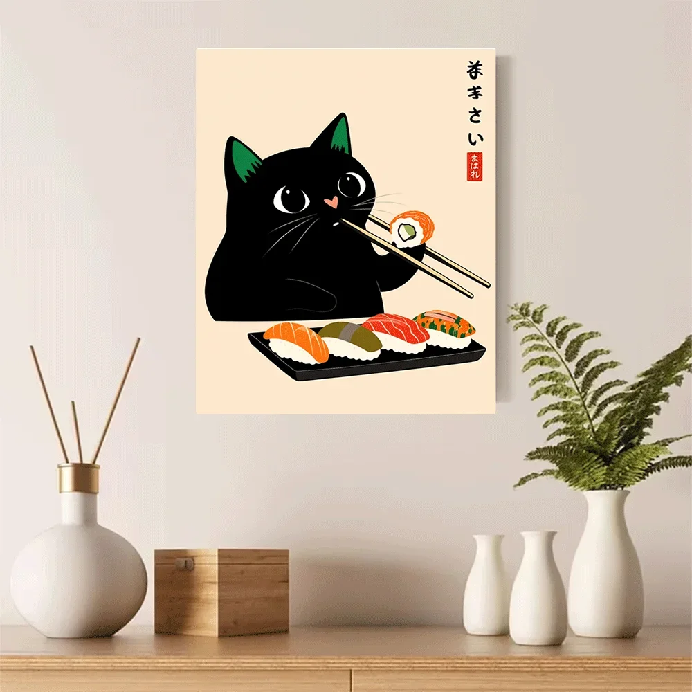 1pc frameless Canvas Painting 1PC-Unframed Canvas poster wall decoration  Black Cat Eating Sushi With Chopsticks Cute Kawaii Art
