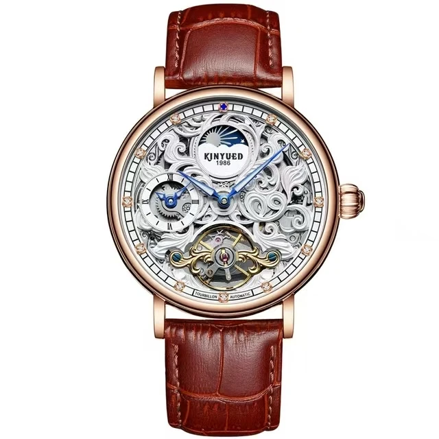 KINYUED J078 Tourbillon Skeleton Automatic Mechanical Watches for Men Wristwatch 3ATM Waterproof Watch Moon Phase Reloj Hombre