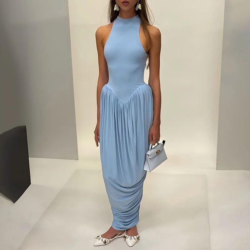 Blifanbo Pleated Elegant O Neck Maxi Dress For Women Off-shoulder Fashion Slim Fit Sleeveless Patchwork Sexy Club Party Dress image 6