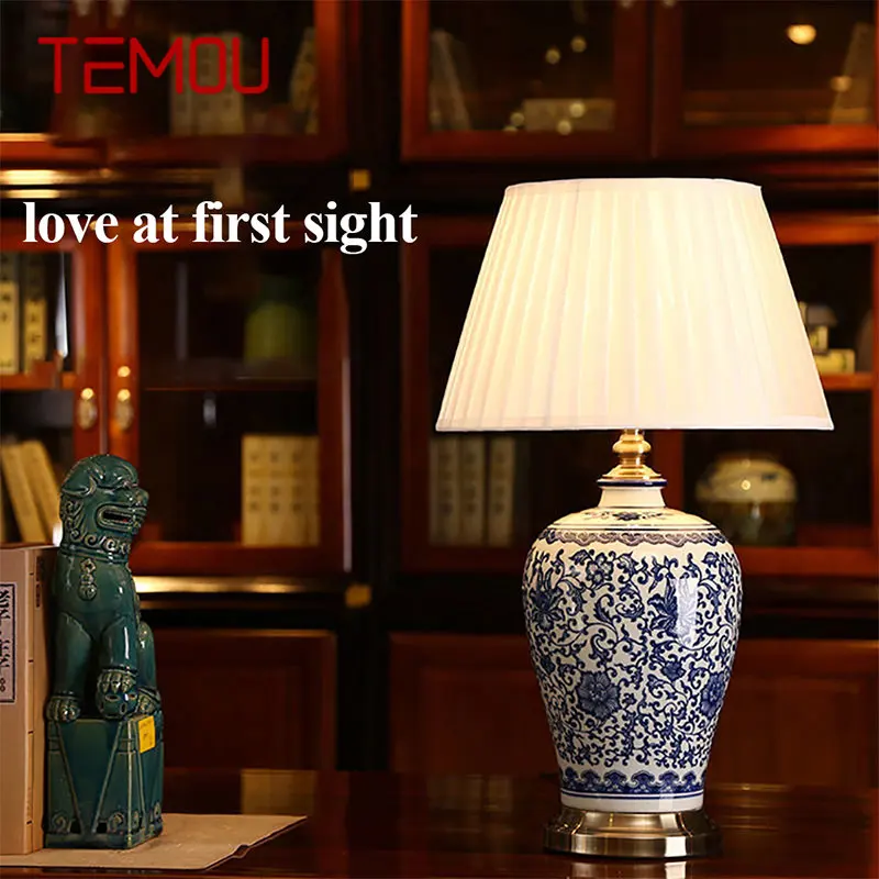 

TEMOU Modern Ceramics Table Lamps LED Dimming Chinese Blue And White Porcelain Desk Light for Home Living Room Bedroom