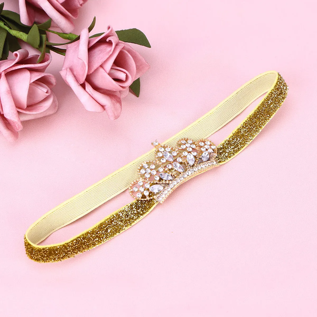 Baby Rhinestone Crown Headband Elastic Hair Hoop for Girls Birthday Christmas Party Photography Prop Tiara Hair Accessory Golden