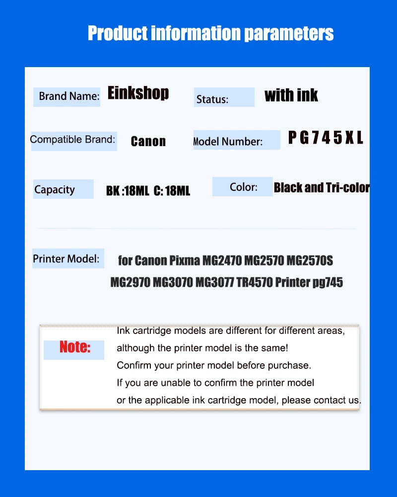 Einkshop PG745 CL746 Replacement Ink Cartridge for Canon Pixma MG2470 MG2570 MG2570S MG2970 MG3070 MG3077 TR4570 Printer pg745