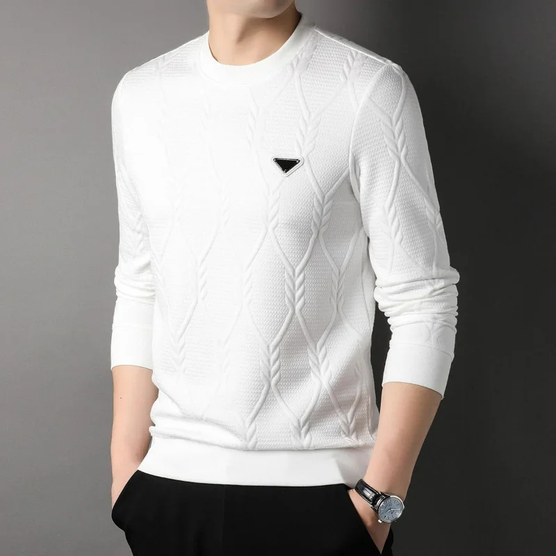 Autumn Winter Men Bottoming Long Sleeve Sweater Korean Versatile Basic Tees Fashion New Jacquard Solid Casual Knitted Pullovers