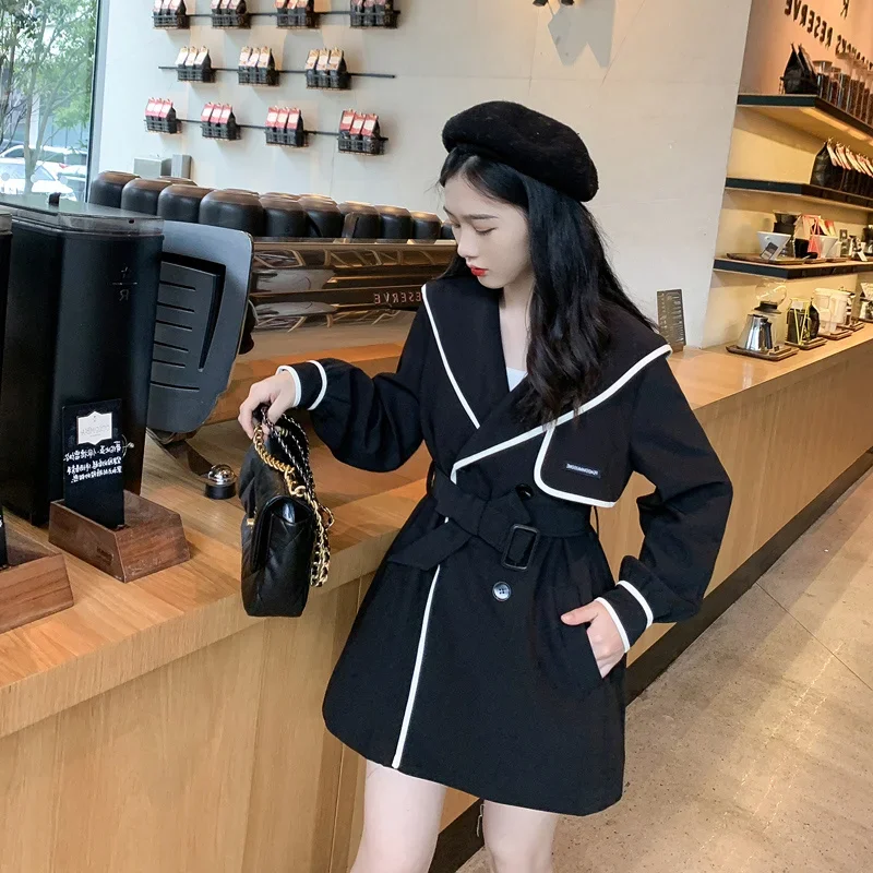 

Spring Autumn Trench Coat For Women Retro French Design Waist Navy Collar Small Temperament Long Sleeve Black Windbreaker Female