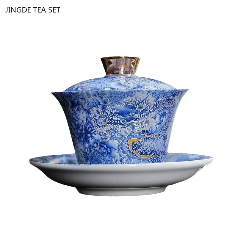 1PCS 150ml enameled blue and white porcelain gaiwan home high-grade palace style tea maker Chinese small tea bowl