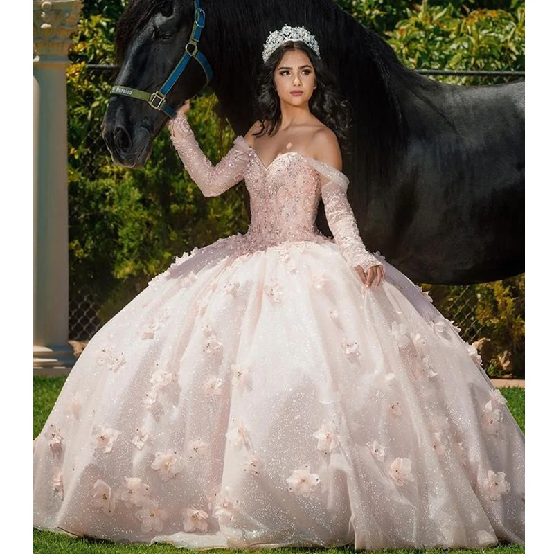 

Customized Pink Quinceanera Dress 2023 Ball Gown Long Sleeve Appliques Flowers Beading Prom Women Vestidos De Fiesta YQD248