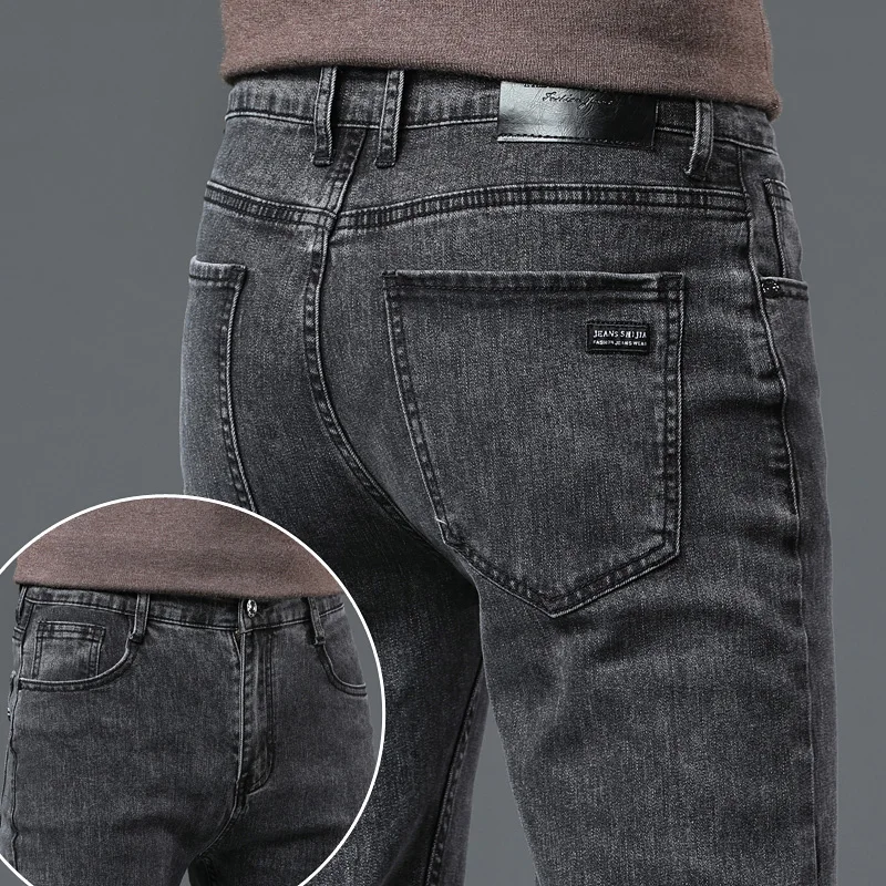 2025 Spring New Men\'s Straight Jeans Elastic Pant Classic Smoke Gray Casual Wear Mid Waist Casual Trousers Black Male Brand