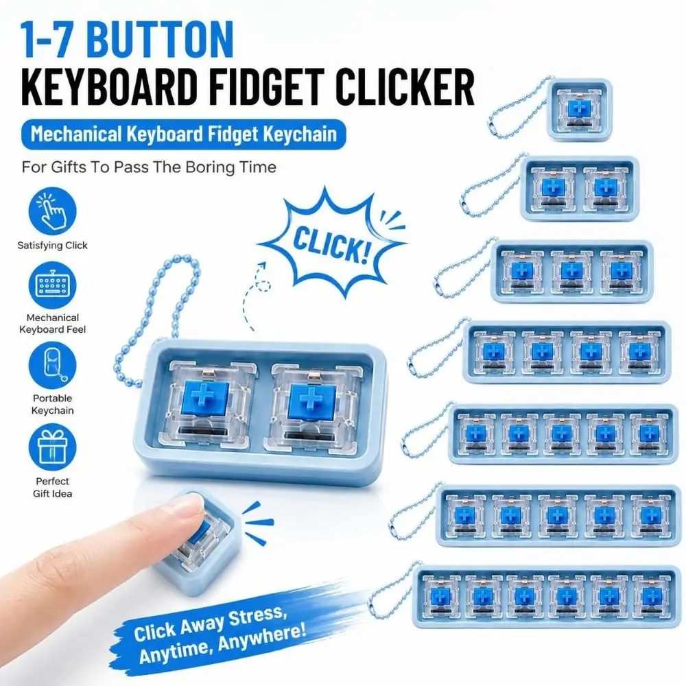 1-7Key Keyboard Fidget Clicker Toy Keychain Attachment Clicky Switch Mechanical Fidget Keychain Relaxing Button Keycap Fidget
