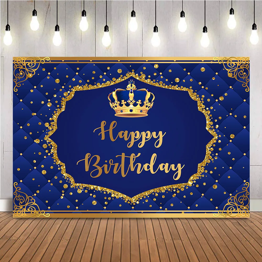 Royal Blue Birthday Backdrop Gold Glitter Dots Photo Booth Background Happy Birthday Blue Crown Prince Theme Party Decoration