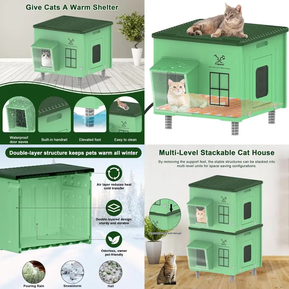 

Всепогодный уличный утепленный домик для кошек с люками, приподнятый домик для бездомных кошек, 17.7x17x17.5, зеленый