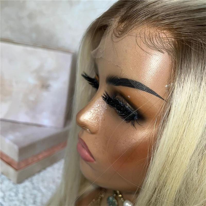 Ombre Lace Wig Female Platinum Blonde Ash Brown Roots Natural Wig Synthetic Fibre Mixed 5% Human Hair Wig Straight Full Wig