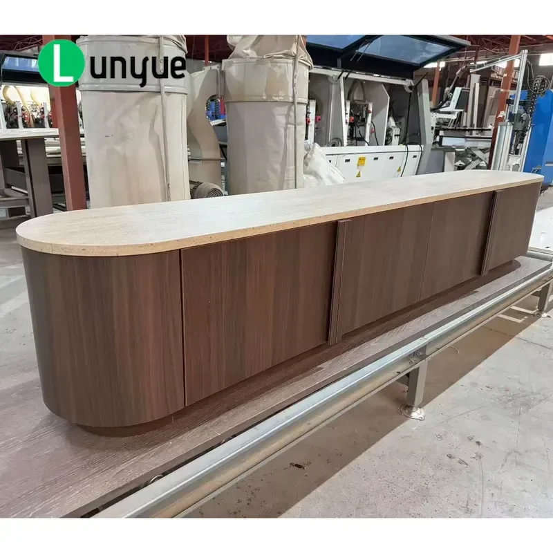 Luxury Curved TV Cabinet Stone Countertop Freestanding Media Console with Hidden Storage Space Modern Living Room Furniture