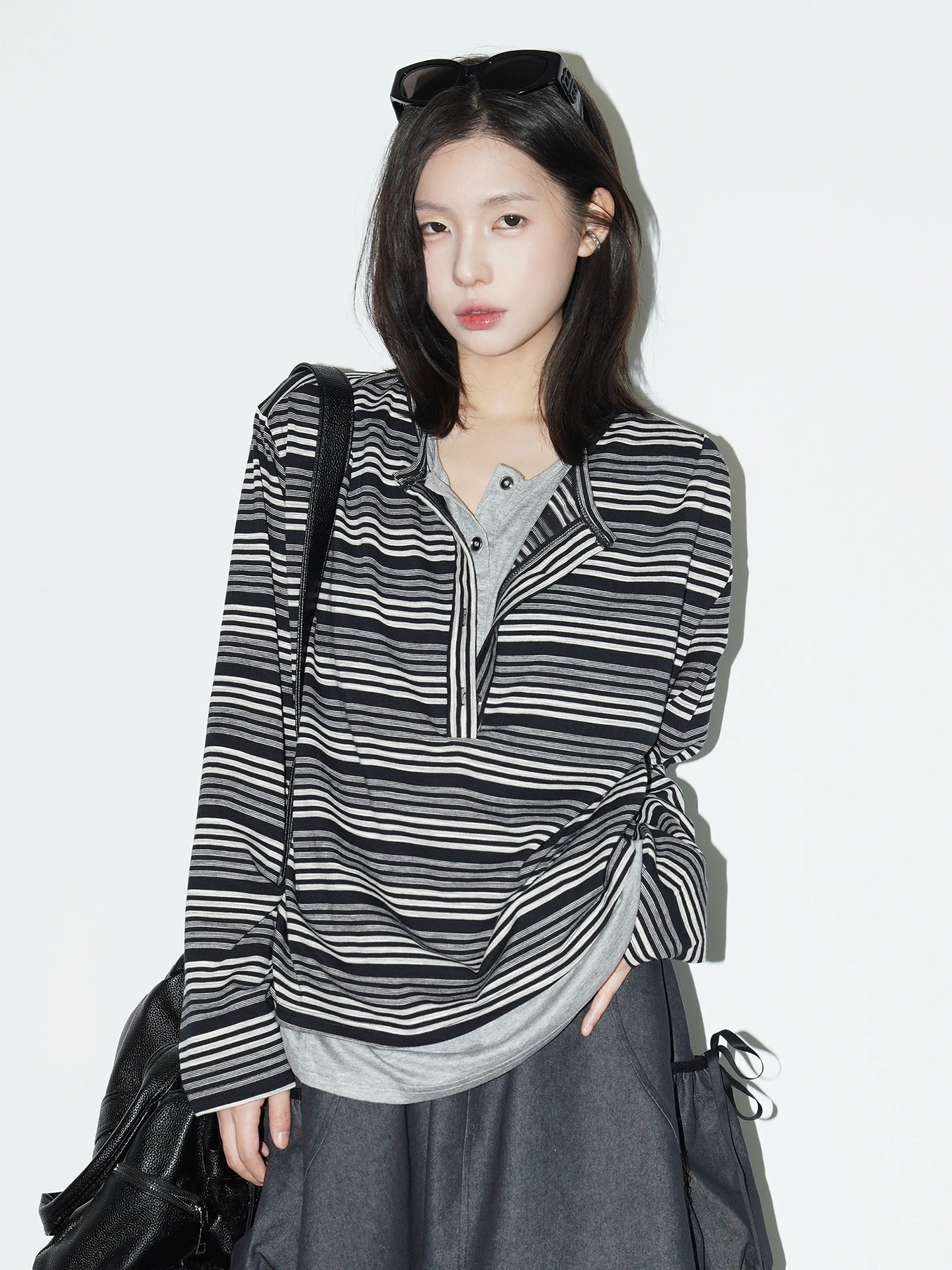 Gravity Museum Long Sleeve T-Shirt Women Loose Striped Top Half Open Collar Splice Color Block Breathable Moisture Wicking