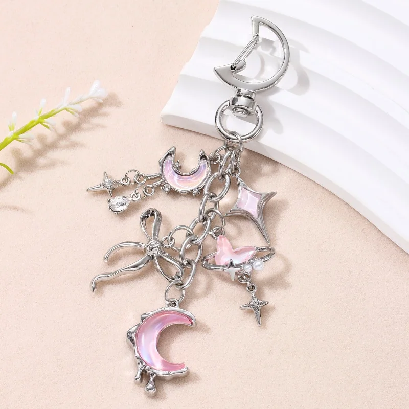 Pretty Y2K Moon Star Heart Enamel Keychain Cute Love Pink Blue Colors Keyring For Women Girls Key Decoration Handmade Jewelry