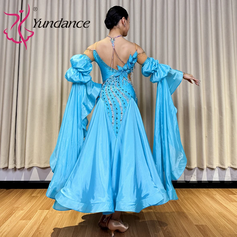 B-25159 vestido de baile de salón para mujer, traje moderno lírico de vals de competición para adultos, gasa satinada con diamantes de imitación azules, LICRA a la venta