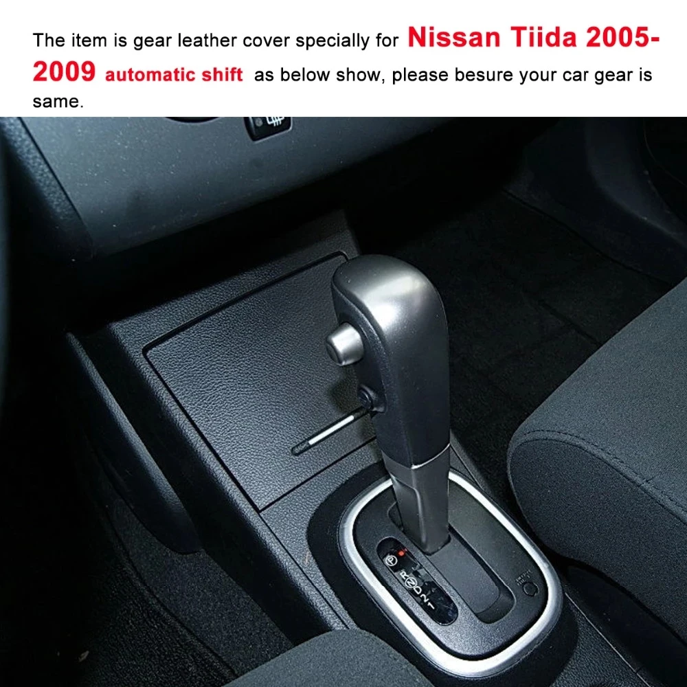 Black Genuine Leather Car Gear Head Shift Collars Cover for Nissan Tiida 2005-2009 Automatic Gear Shift Knob Case