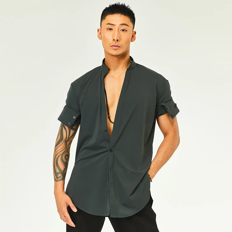 

2024 New Men's Latin Dance Tops For Adults Black Green Ballroom Chacha V-neck Dance Shirt Modern Dance Performance Costume XH373