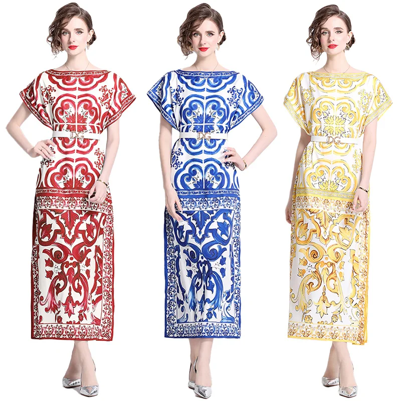 Fashion Hundreds Celadon Printed Dresses Women Autumn 2024 New Loose Knee Length Casual Elegant Party Dresses Vestidos