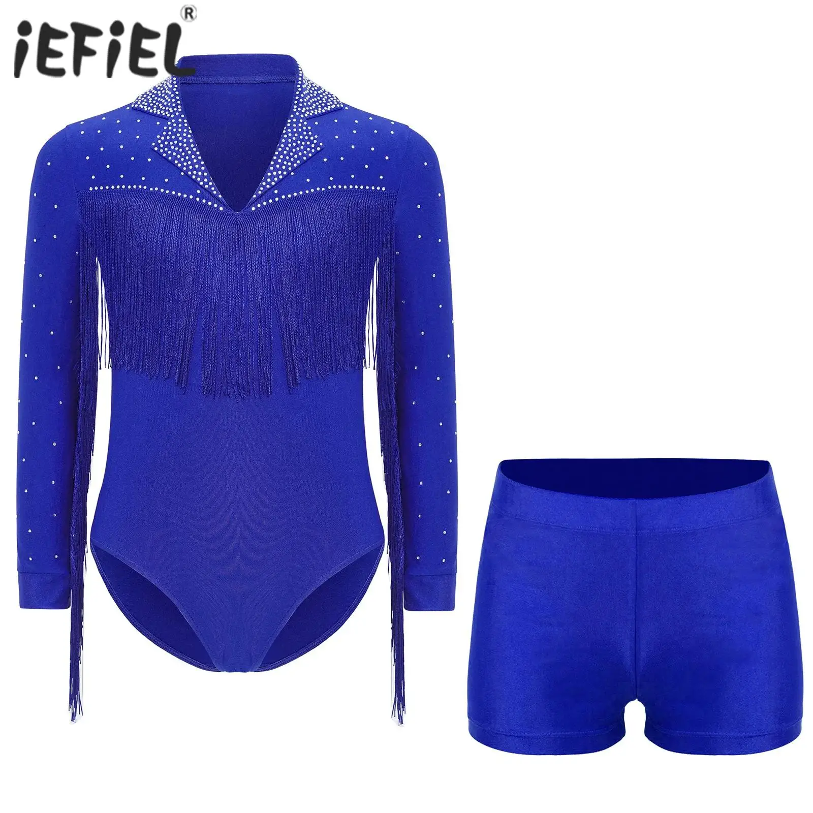 Kids Boys Latin Dance Sets Performance Costume Modern Ballroom Dancewear Long Sleeve Rhinestones Tassel Leotard with Shorts Suit