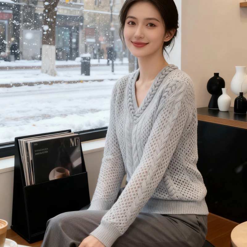 

Вязаный свитер MB 4935, свободный крой для поездок на работу, длинный свеч V-Ne, теплый, с подогревом, осенний сезон, цельный, чистый цвет