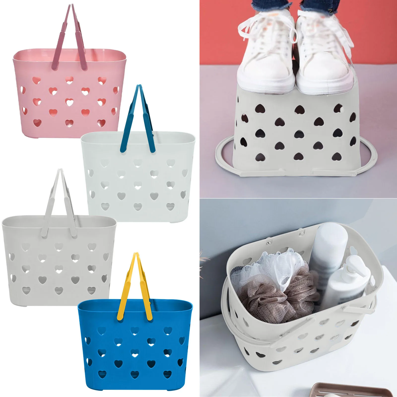 Heart-shaped Hollow Out Plastic Organizer Storage Baskets With Handles Multi-functional For Bathroom And Kitchen Shampoo