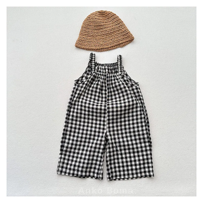 2025 Summer New Children Loose Overalls Cotton Girls Plaid Sling Trousers Boys Versatile Casual Bib Baby Clothes Kids Jumpsuit