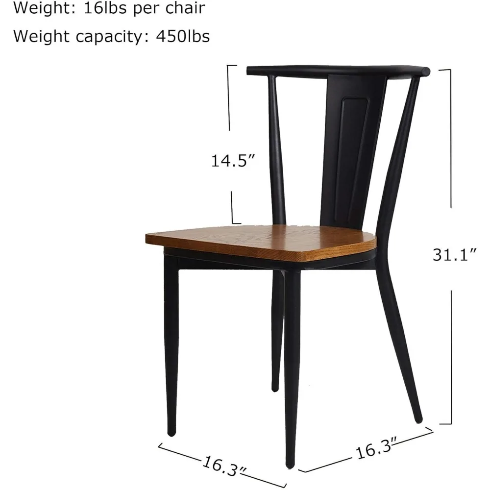 Juego de 2 sillas de comedor de metal resistente, silla de comedor apilable con asiento de madera, estructura de metal, capacidad de 500 libras