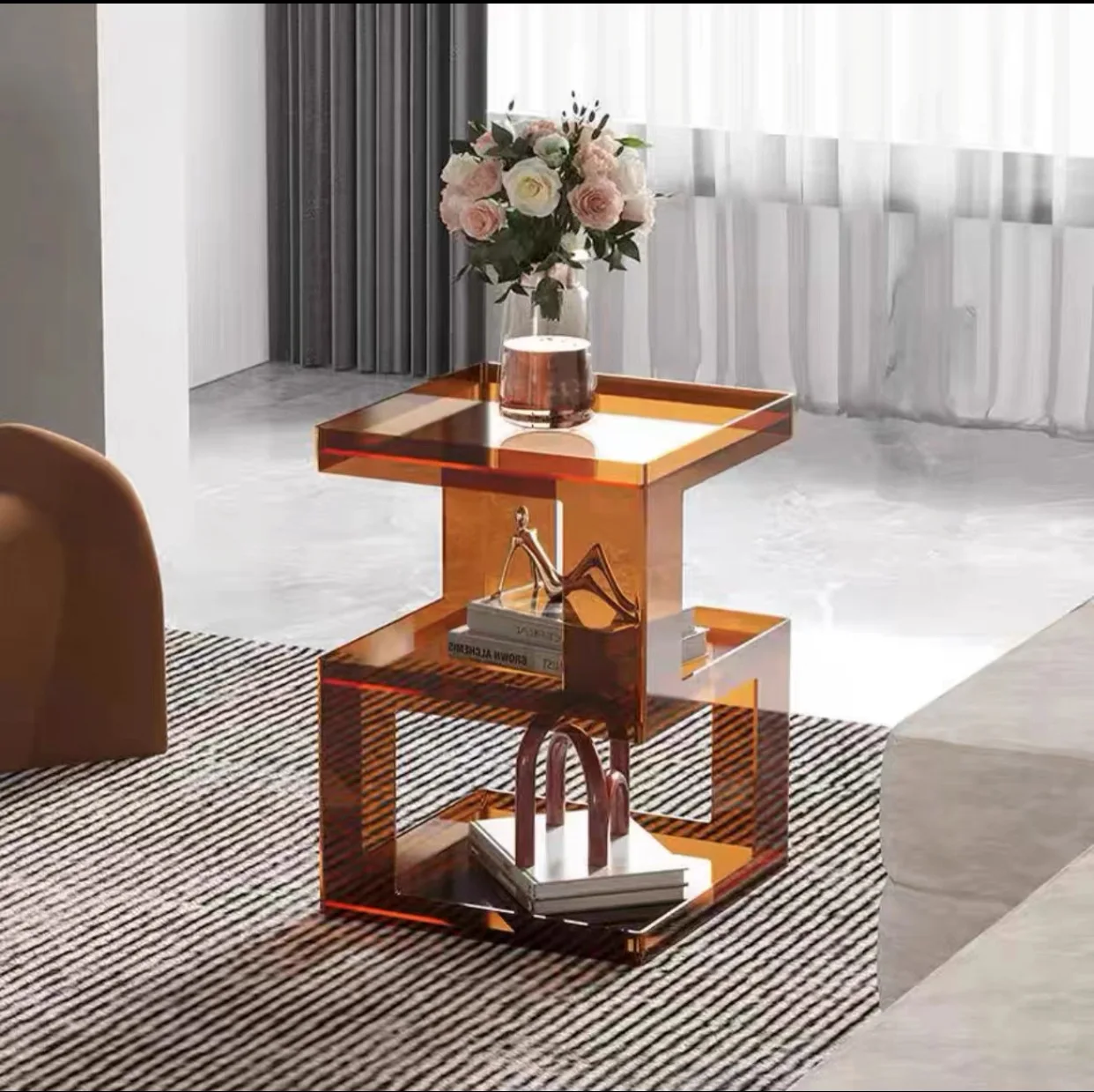 Side few acrylic balcony corner few living room wabi-sabi wind mobile small coffee table sofa solid wood bay window table tea