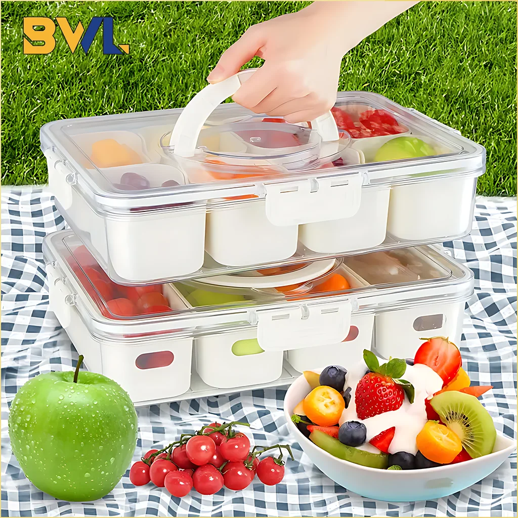 8 Compartment Snack Organizer Divided Dinner Plate with Lid and Handle Portable Snack Container Candy Organizer Fruit Plate