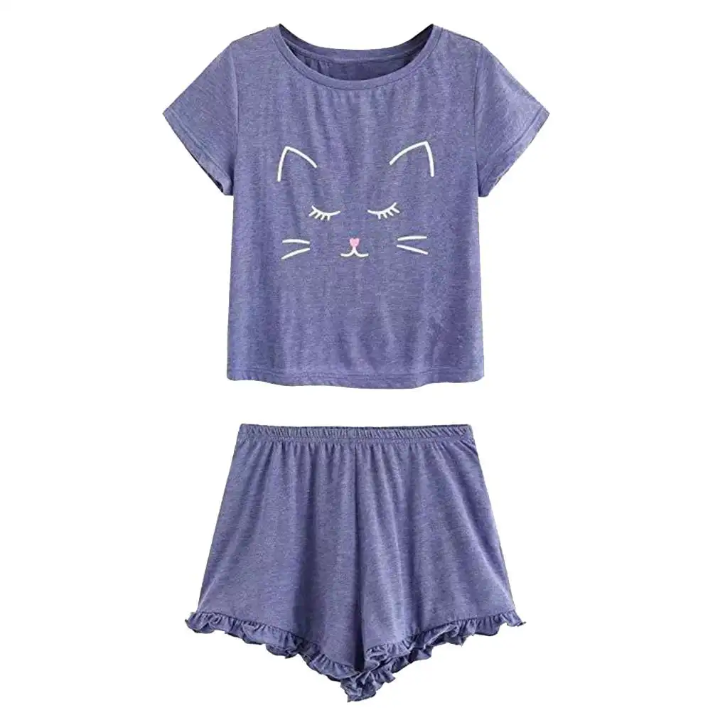 

Women's Casual Sleepwear Nightwear Set Pajamas Short Sleeve Cartoon Top Shorts