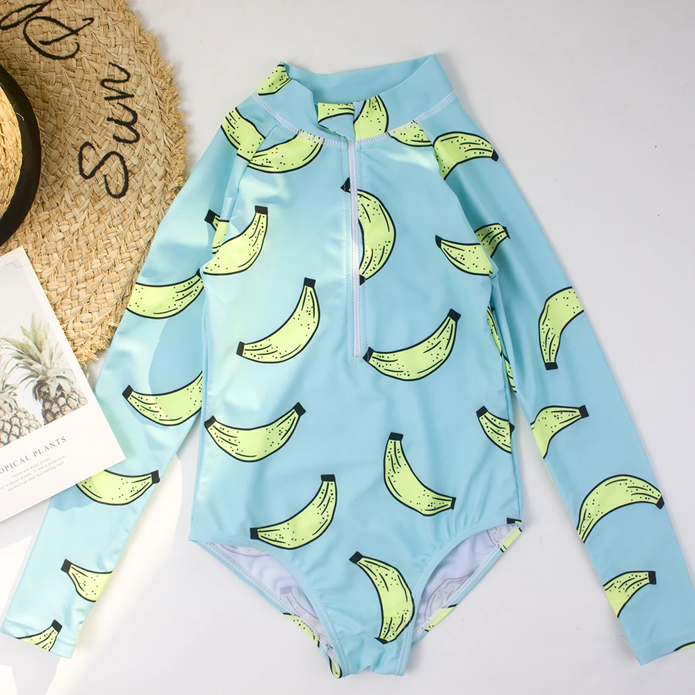 Quick-Drying Banana Print Sunscreen Girls Kids One Piece Swimwear Zipper High Stretchy Long Sleeved Round Neck Kid Surf Swimsuit