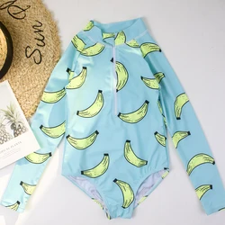 Quick-Drying Banana Print Sunscreen Girls Kids One Piece Swimwear Zipper High Stretchy Long Sleeved Round Neck Kid Surf Swimsuit