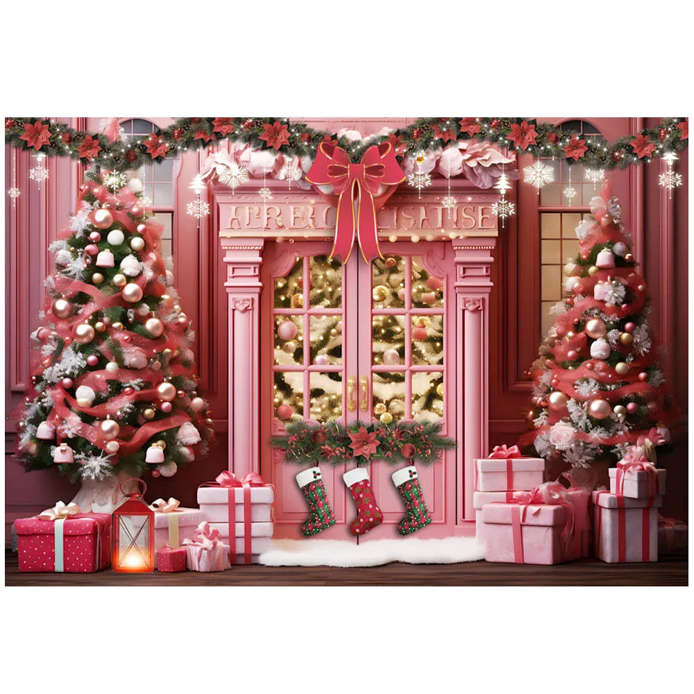 Mocsicka boże narodzenie tło różowy dom choinka pudełko na prezenty płatka śniegu dziewczyna portret tło wesołego wystrój na święta bożego narodzenia Studio