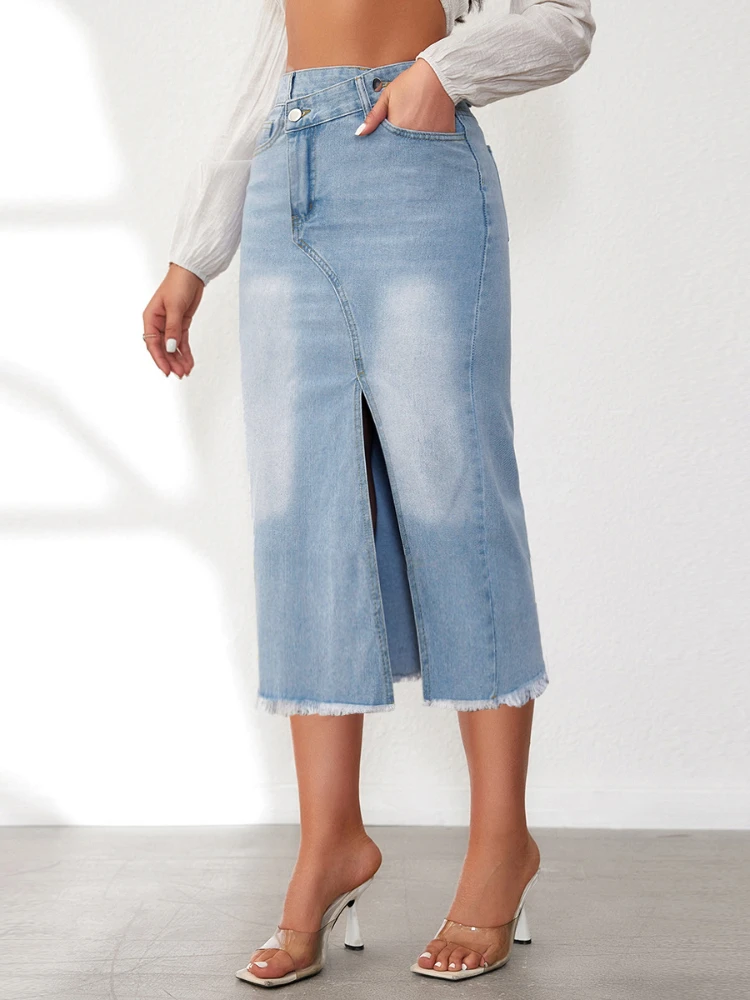 

Laxsesu Blue Midi Skirt for Women High Waisted Fringed Front Split Denim Long Skirt Streetwear Y2k Korean Fashion Clothing 2024