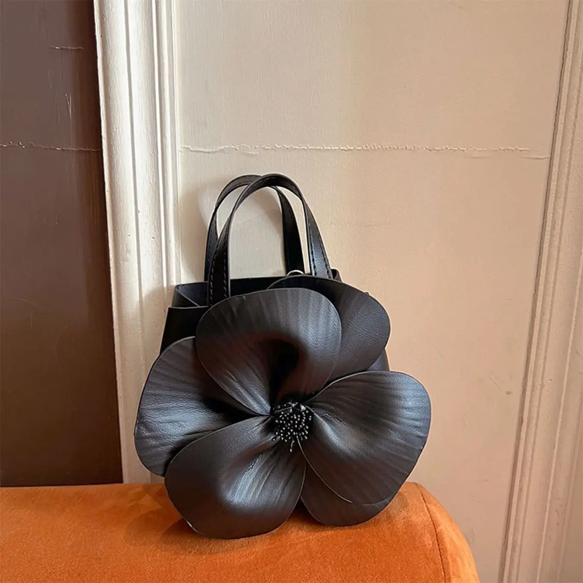 

JIOMAY Women's Luxury Designer PU Leather Handbag Fashion Bucket Flower Purse with Drawstring High Quality Black Shoulder Bag